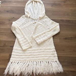 En Creme Cream Knit Hooded Fringe Sweater